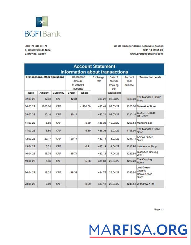 Blank Gabon BGFI bank statement template, Excel and PDF format